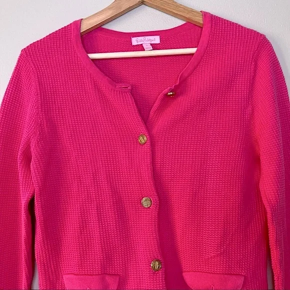 Y2K Lily Pulitzer Long Sleeve Pink Cardigan Waffle Knit Sweater Size Small - Picture 5 of 9